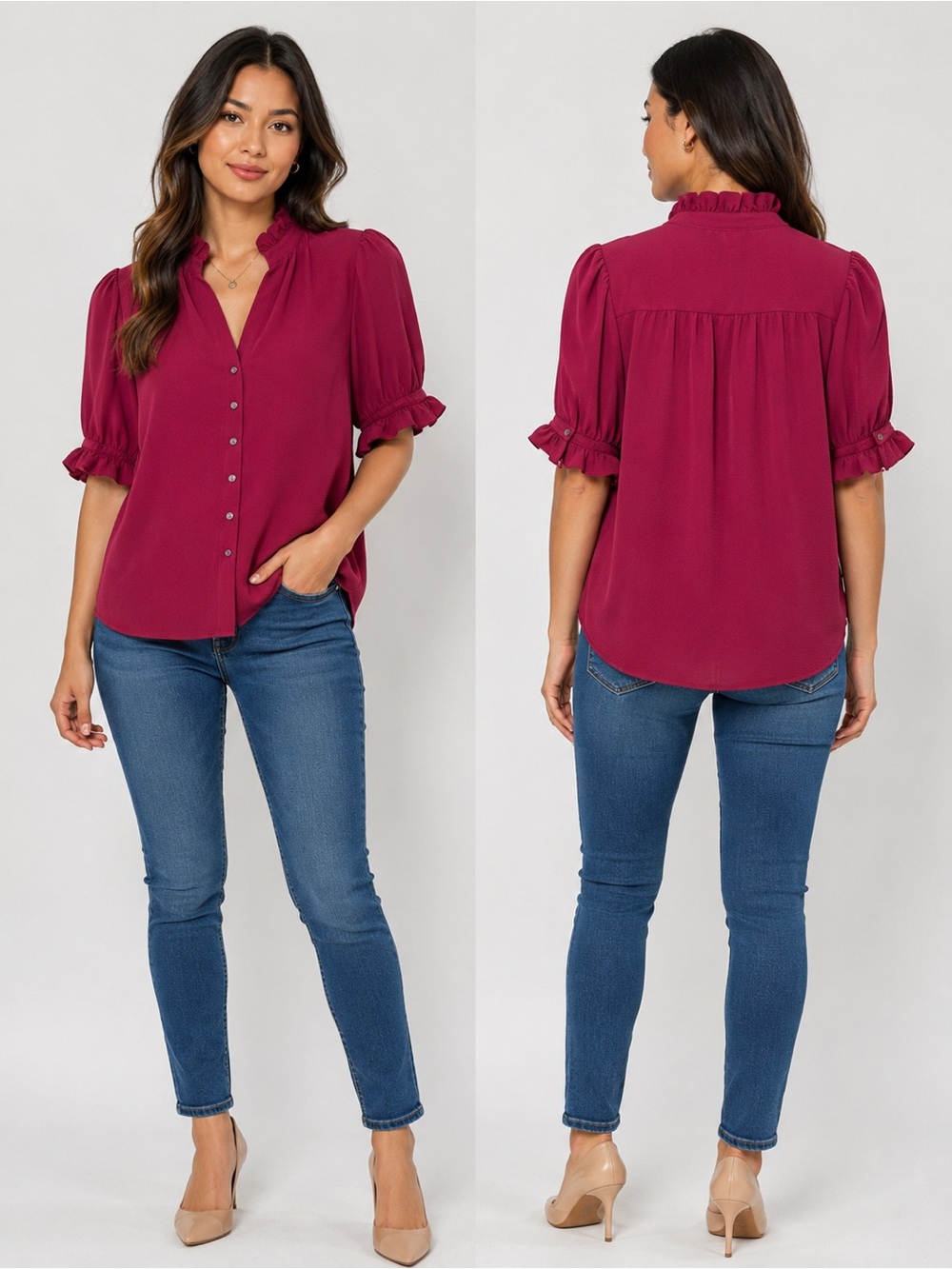 NWT CeCe Ruffle Neck Puff Sleeve Button Front Blouse Deep Sangria XS